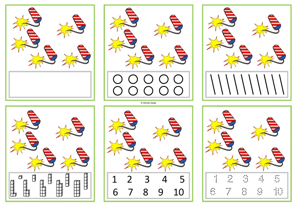Six number task cards for 5: five firecrackers each, with counting, numeral selection, and tracing formats.