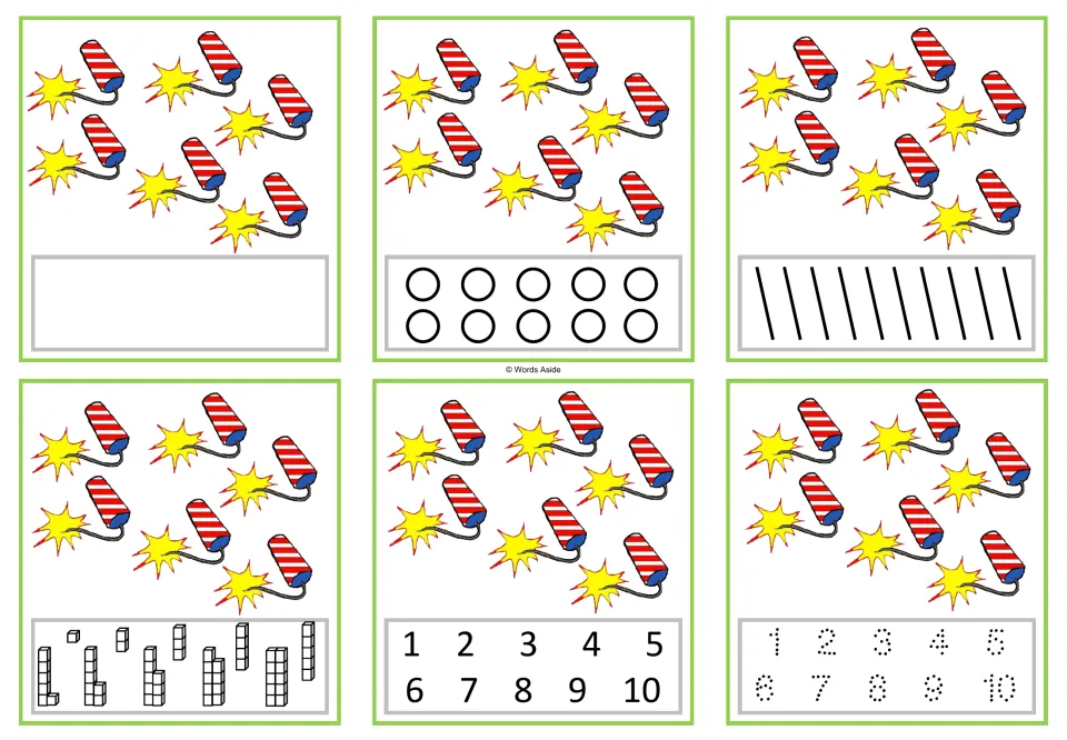 Six number task cards for 6: six firecrackers each, with counting, numeral selection, and tracing formats.