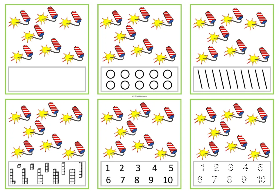 Six number task cards for 7: seven firecrackers each, with counting, numeral selection, and tracing formats.
