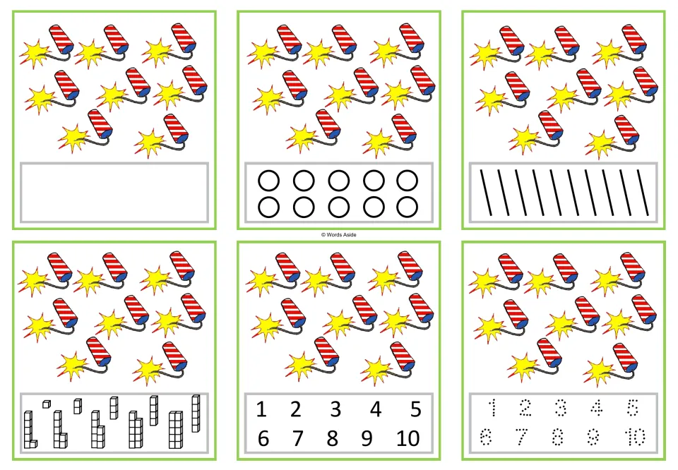 Six number task cards for 8: eight firecrackers each, with counting, numeral selection, and tracing formats.