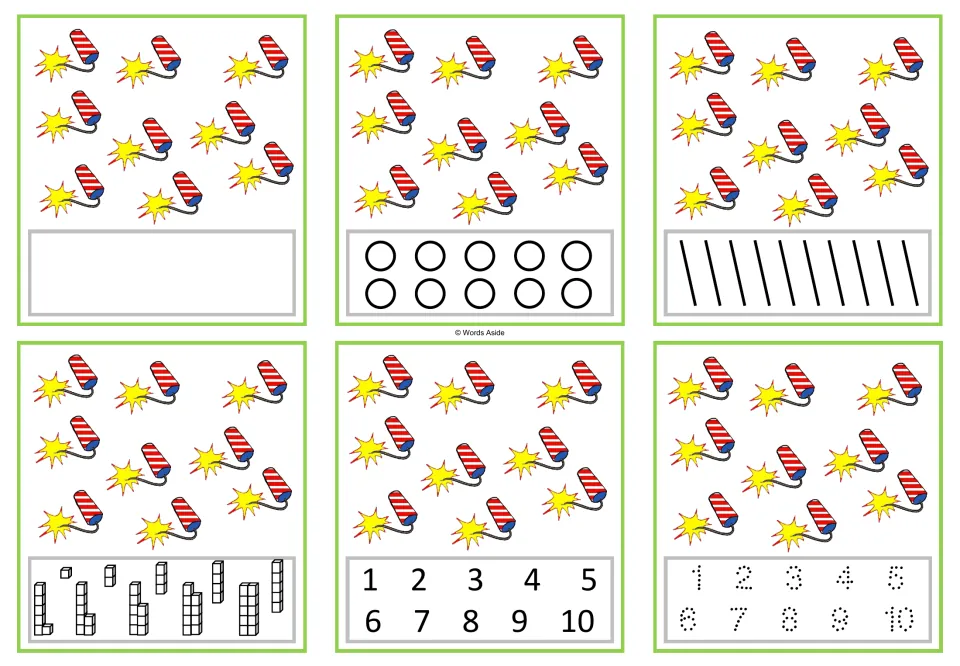 Six number task cards for 9: nine firecrackers each, with counting, numeral selection, and tracing formats.