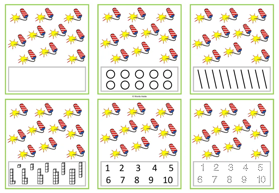 Six number task cards for 10: ten firecrackers each, with counting, numeral selection, and tracing formats.