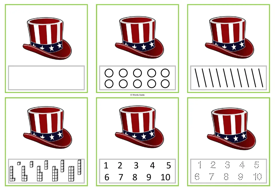 Number task cards for 1: six versions showing one patriotic hat, with counting and numeral response options.