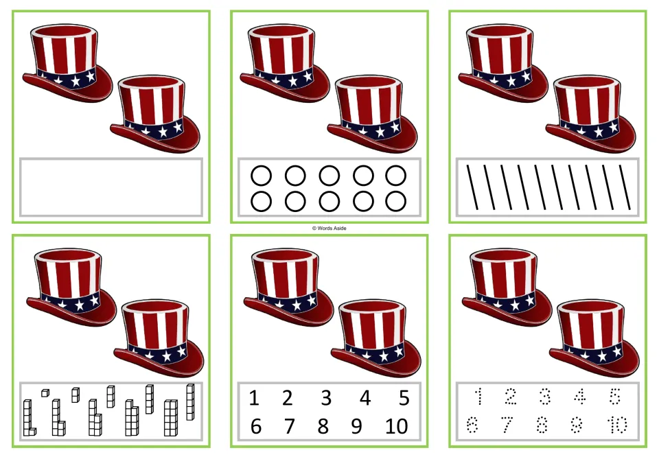Number task cards for 2: six versions showing two patriotic hats, with counting and numeral response options.