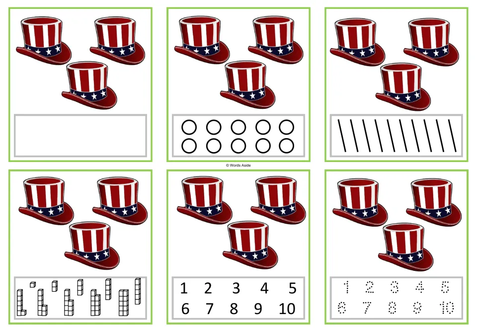 Number task cards for 3: six versions showing three patriotic hats, with counting and numeral response options.