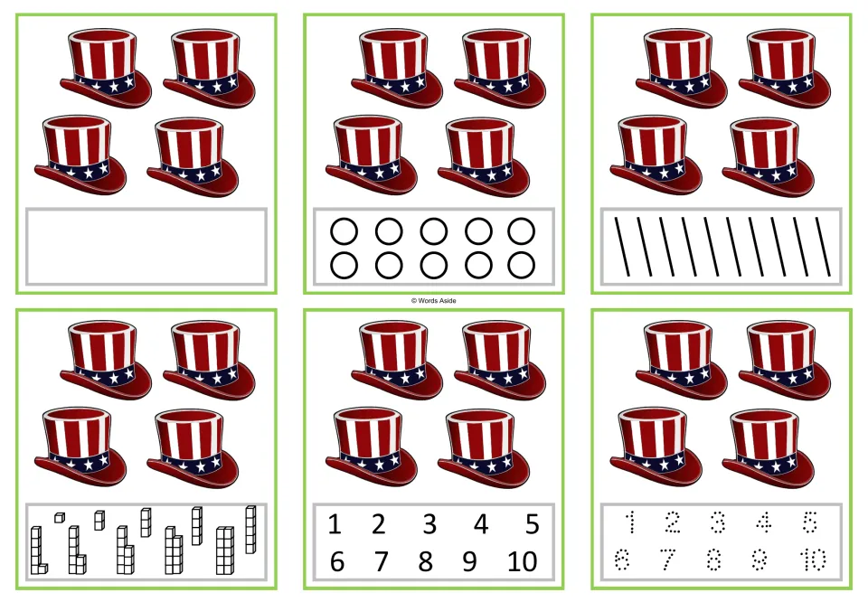 Number task cards for 4: six versions showing four patriotic hats, with counting and numeral response options.