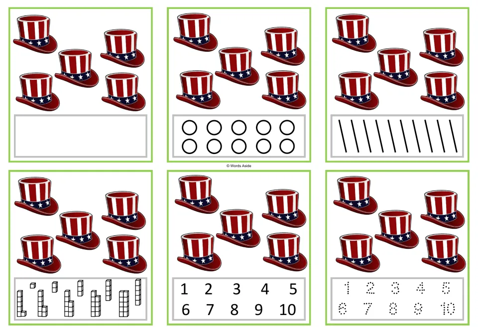 Number task cards for 5: six versions showing five patriotic hats, with counting and numeral response options.