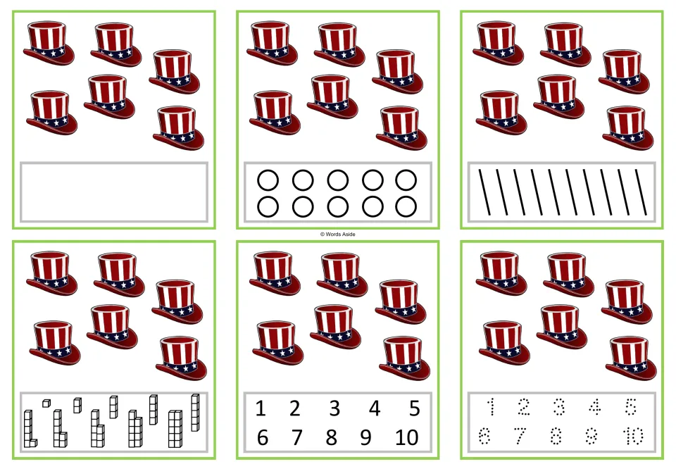 Number task cards for 6: six versions showing six patriotic hats, with counting and numeral response options.
