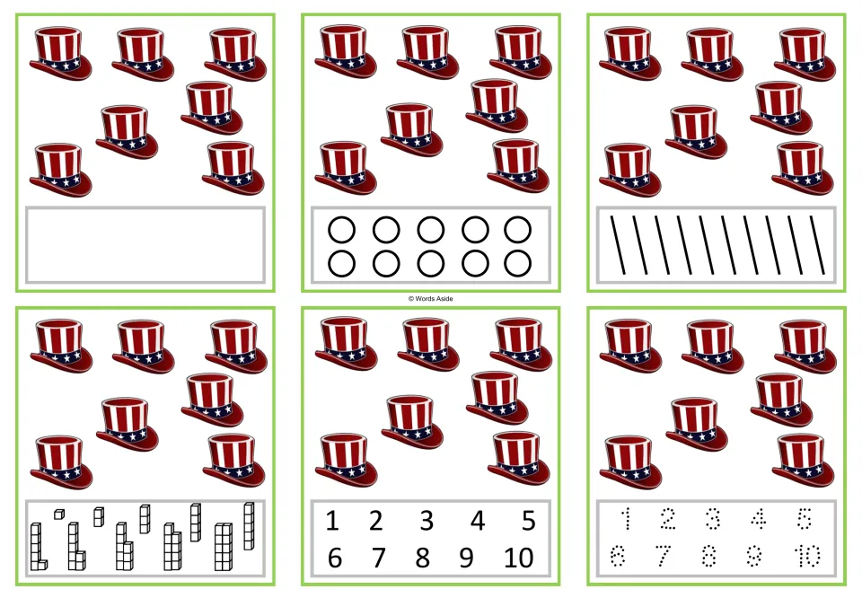 Number task cards for 7: six versions showing seven patriotic hats, with counting and numeral response options.