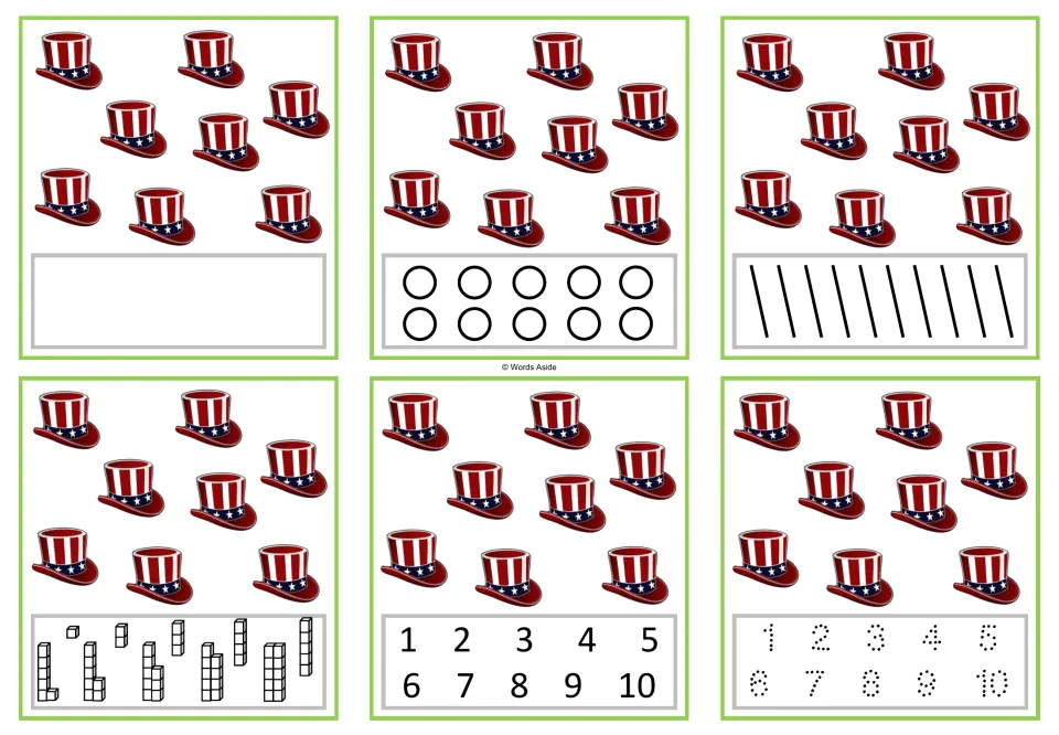 Number task cards for 8: six versions showing eight patriotic hats, with counting and numeral response options.