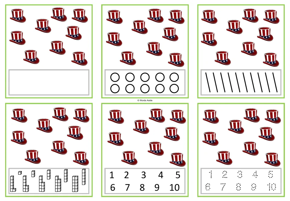 Number task cards for 9: six versions showing nine patriotic hats, with counting and numeral response options.