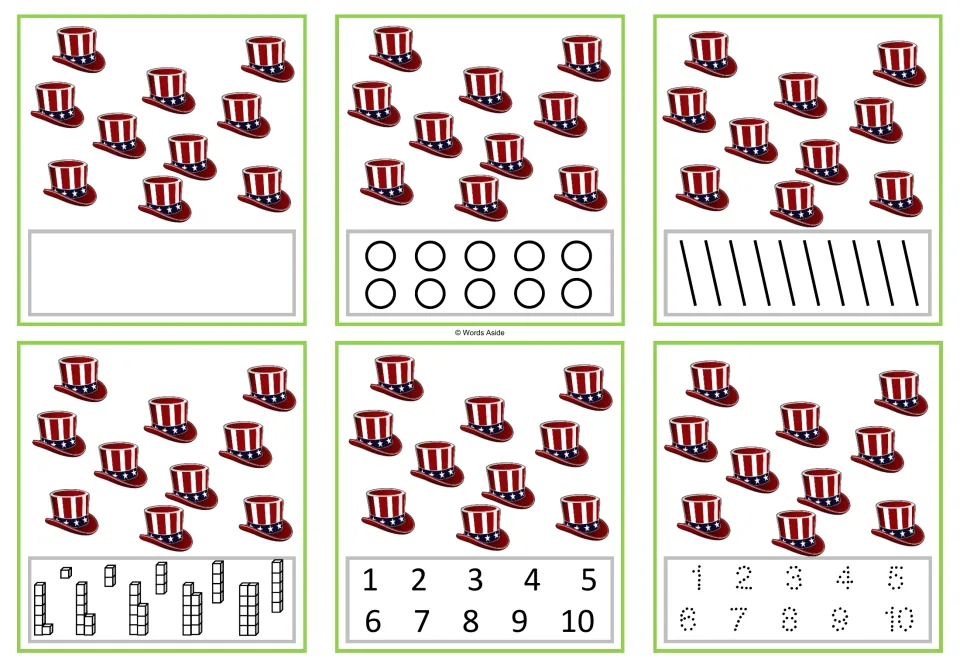 Number task cards for 10: six versions showing ten patriotic hats, with counting and numeral response options.