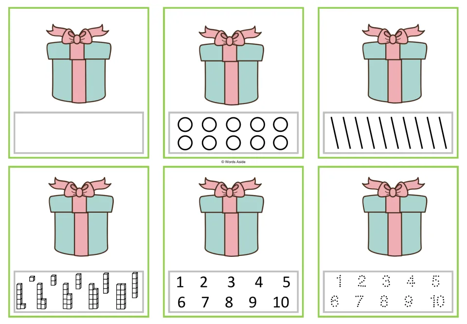 Six number task cards showing one gift each, with blank, dot, stroke, cube, numeral, and tracing responses.