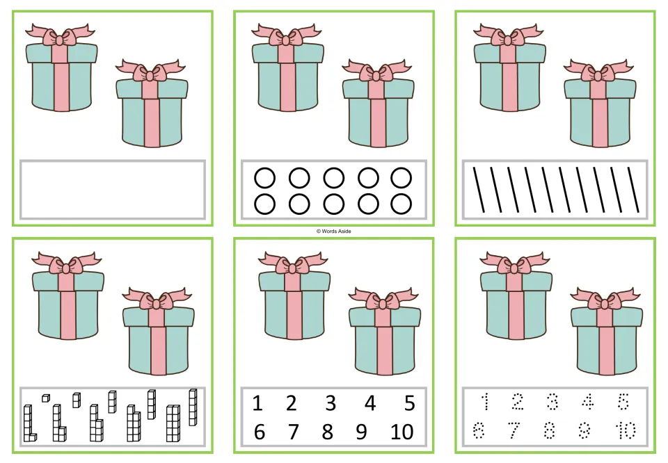 Six number task cards showing two gifts each, with blank, dot, stroke, cube, numeral, and tracing responses.