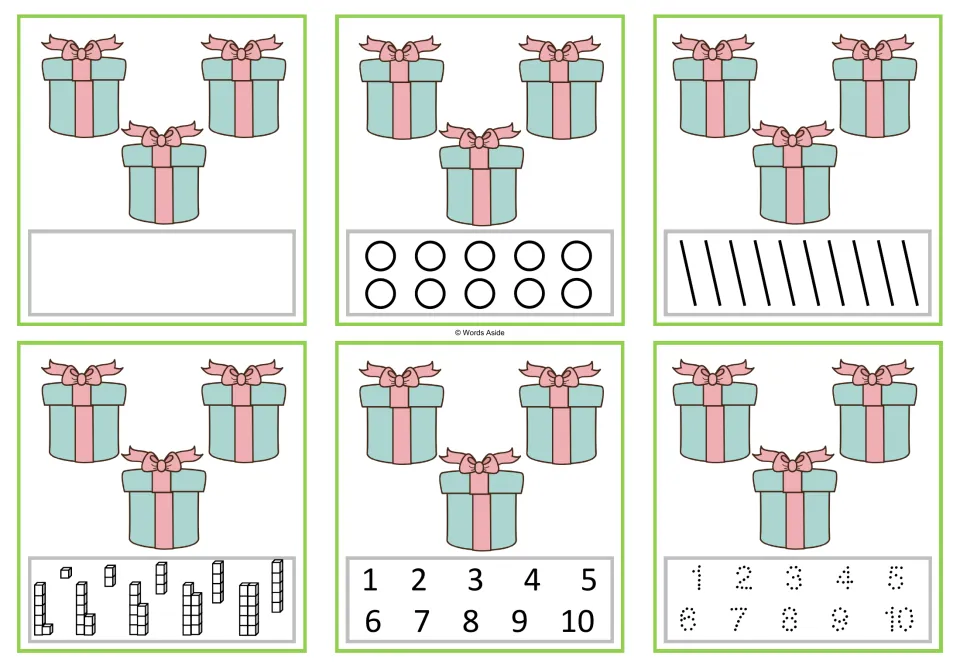 Six number task cards showing three gifts each, with blank, dot, stroke, cube, numeral, and tracing responses.
