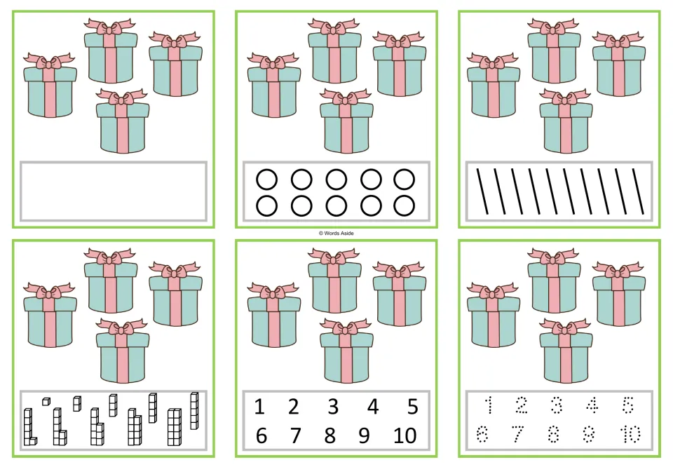 Six number task cards showing four gifts each, with blank, dot, stroke, cube, numeral, and tracing responses.