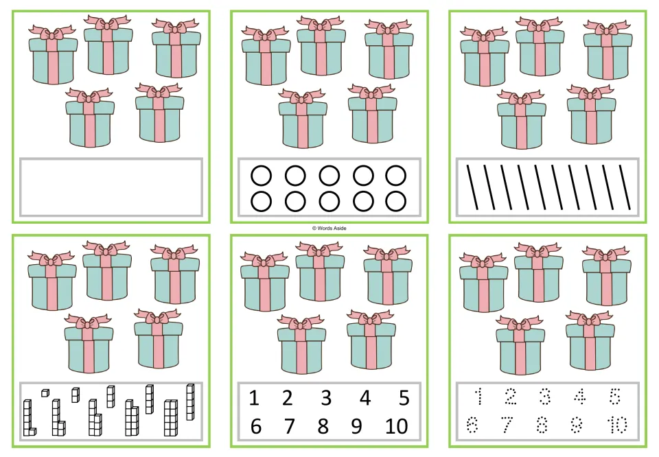 Six number task cards showing five gifts each, with blank, dot, stroke, cube, numeral, and tracing responses.
