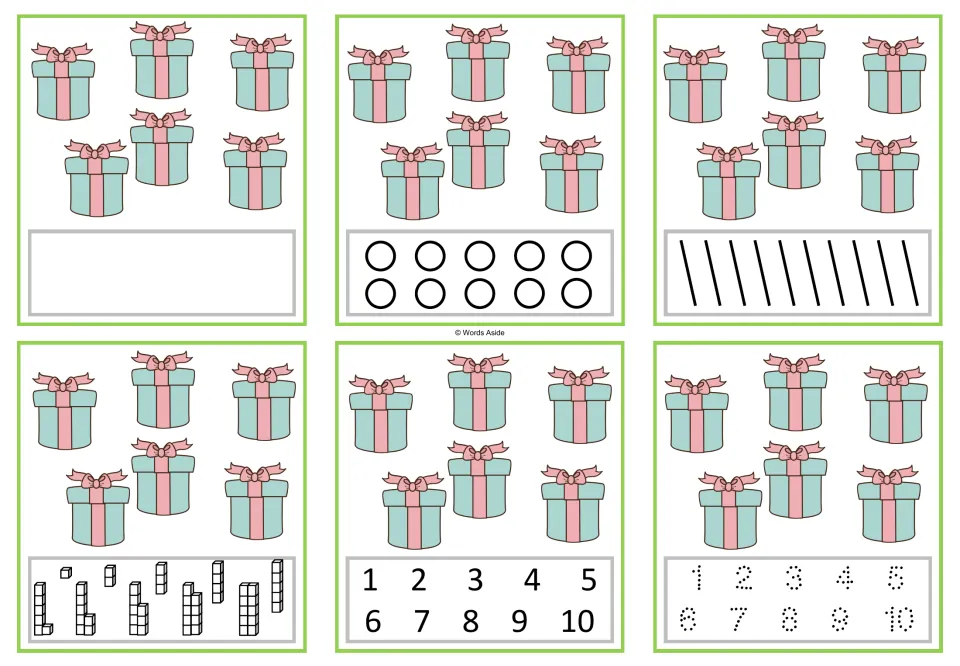 Six number task cards showing six gifts each, with blank, dot, stroke, cube, numeral, and tracing responses.
