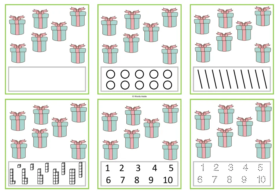 Six number task cards showing seven gifts each, with blank, dot, stroke, cube, numeral, and tracing responses.