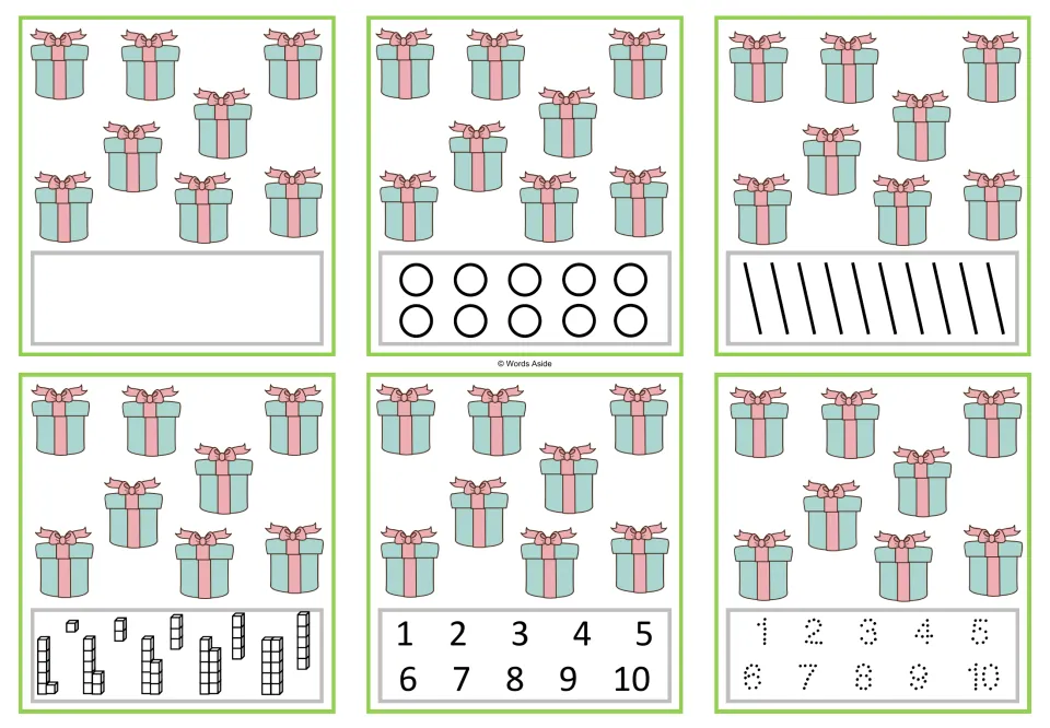 Six number task cards showing eight gifts each, with blank, dot, stroke, cube, numeral, and tracing responses.