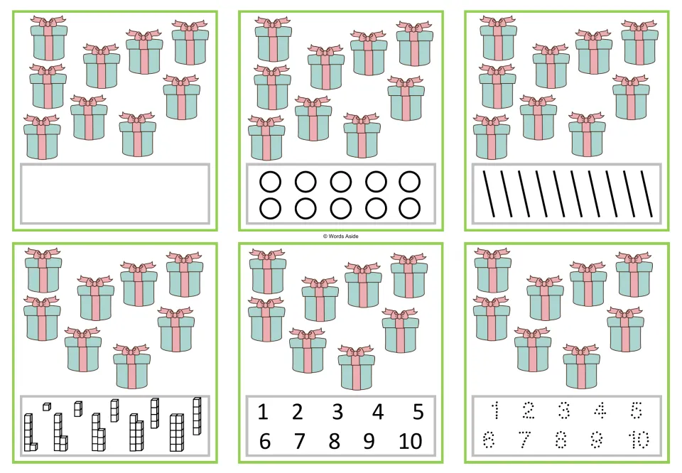 Six number task cards: three show nine gifts with blank, dot, or stroke responses; three show eight gifts.