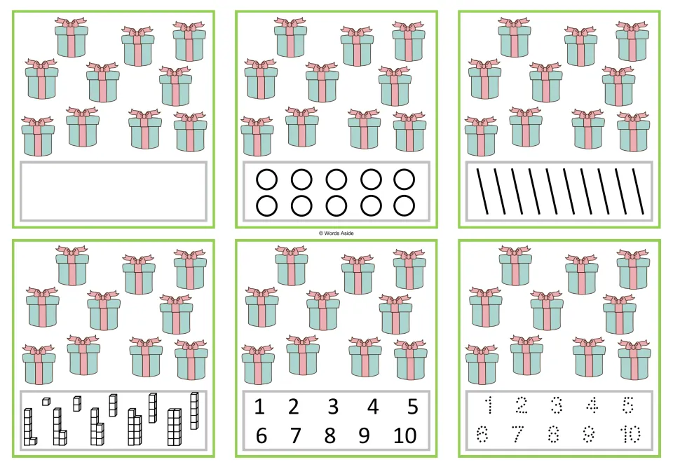 Six number task cards showing ten gifts each, with blank, dot, stroke, cube, numeral, and tracing responses.