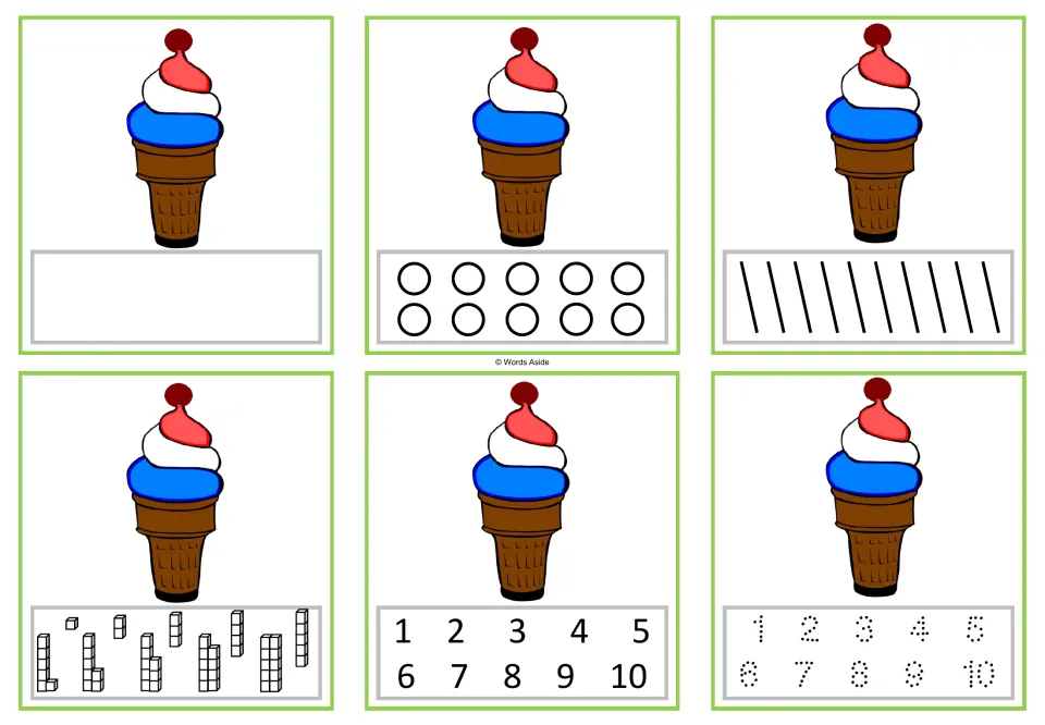 Six number task cards for 1, each showing one ice cream cone, with blank, counting, and numeral responses.