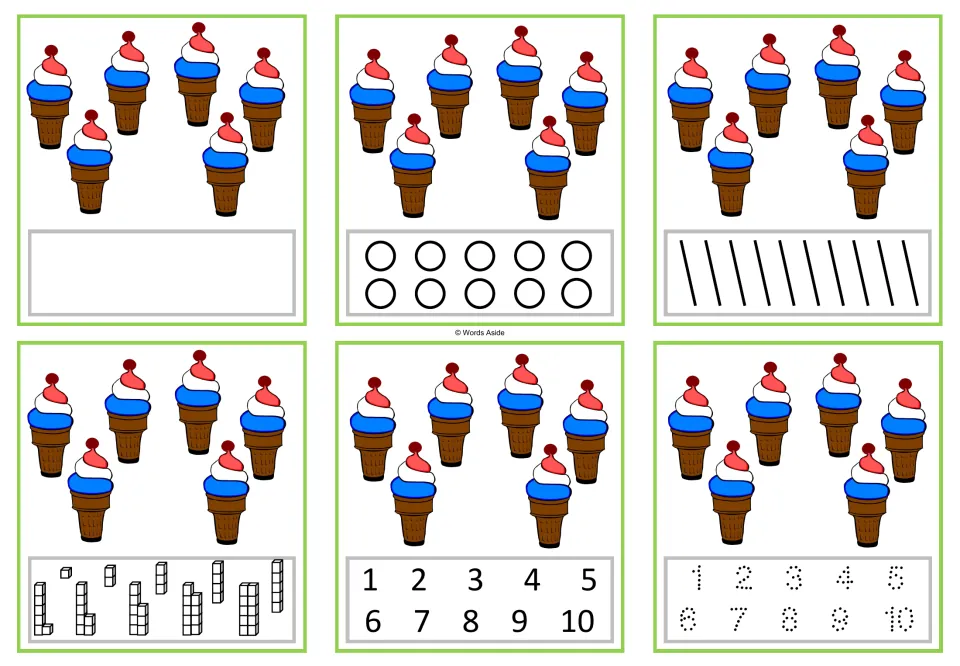 Six number task cards for 6, each showing six ice cream cones, with blank, counting, and numeral responses.