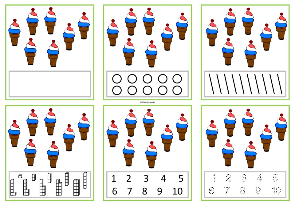 Six number task cards for 7, each showing seven ice cream cones, with blank, counting, and numeral responses.