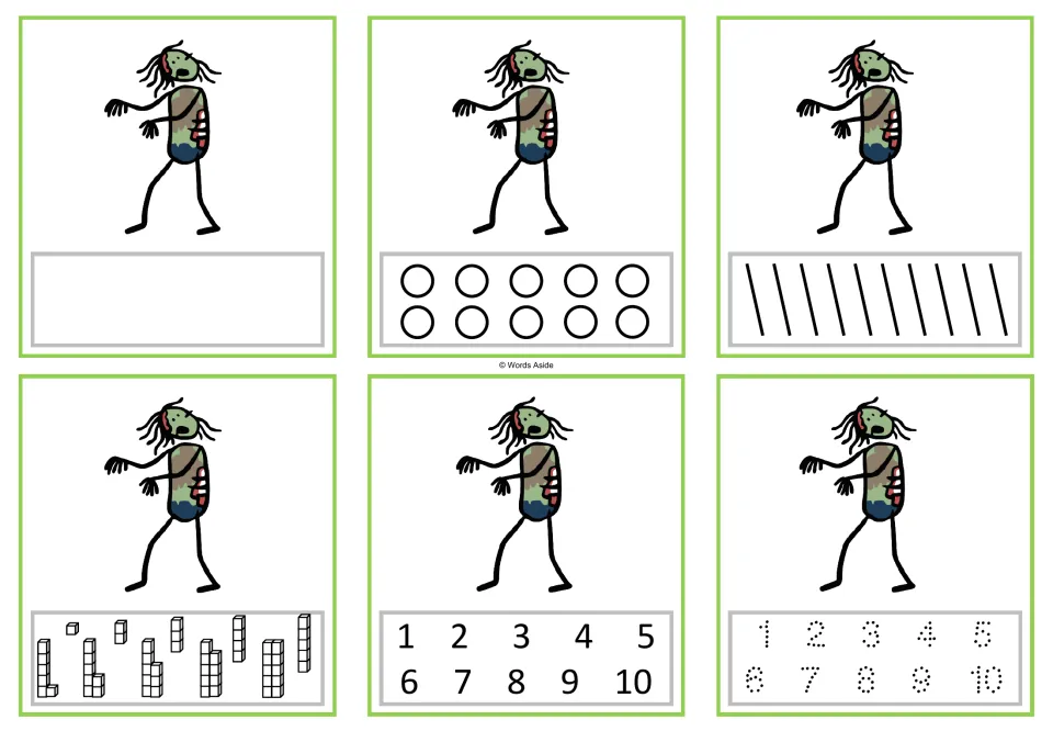 Number 1 task cards: six cards showing one zombie, with counting, numeral selection, and tracing options.