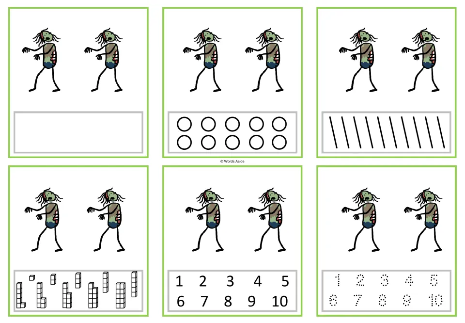 Number 2 task cards: six cards showing two zombies, with counting, numeral selection, and tracing options.