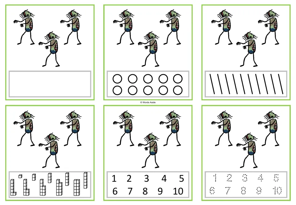 Number 3 task cards: six cards showing three zombies, with counting, numeral selection, and tracing options.