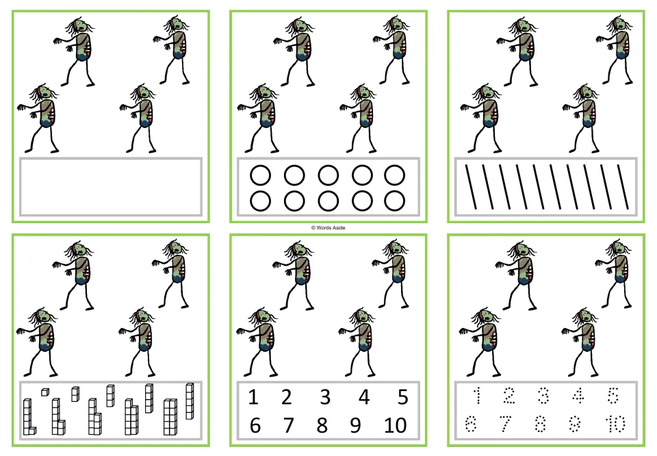 Number 4 task cards: six cards showing four zombies, with counting, numeral selection, and tracing options.