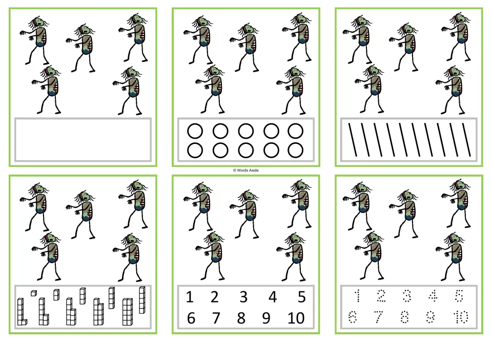 Number 5 task cards: six cards showing five zombies, with counting, numeral selection, and tracing options.