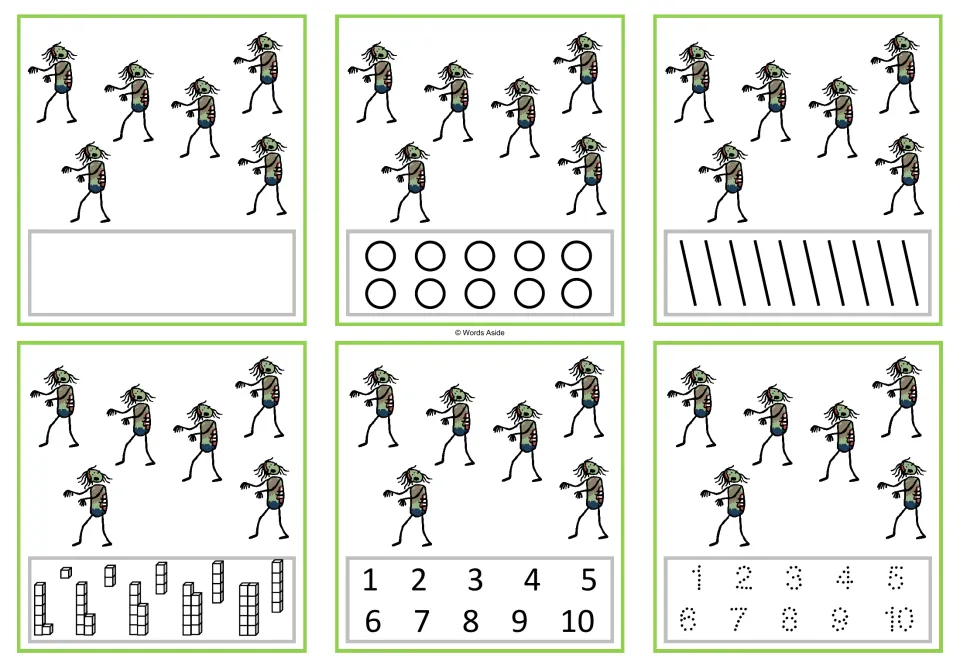 Number 6 task cards: six cards showing six zombies, with counting, numeral selection, and tracing options.
