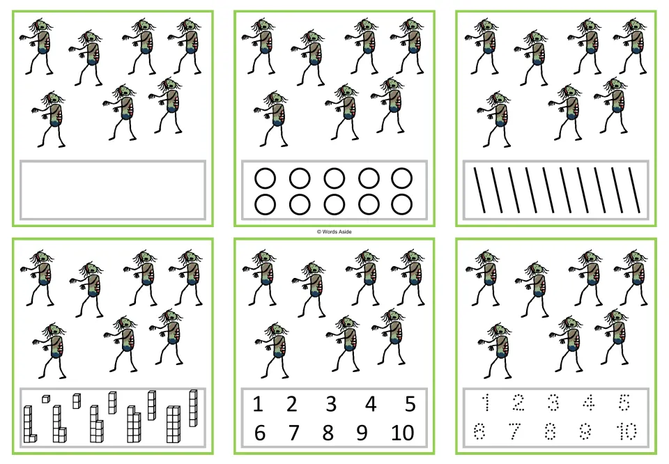 Number 7 task cards: six cards showing seven zombies, with counting, numeral selection, and tracing options.