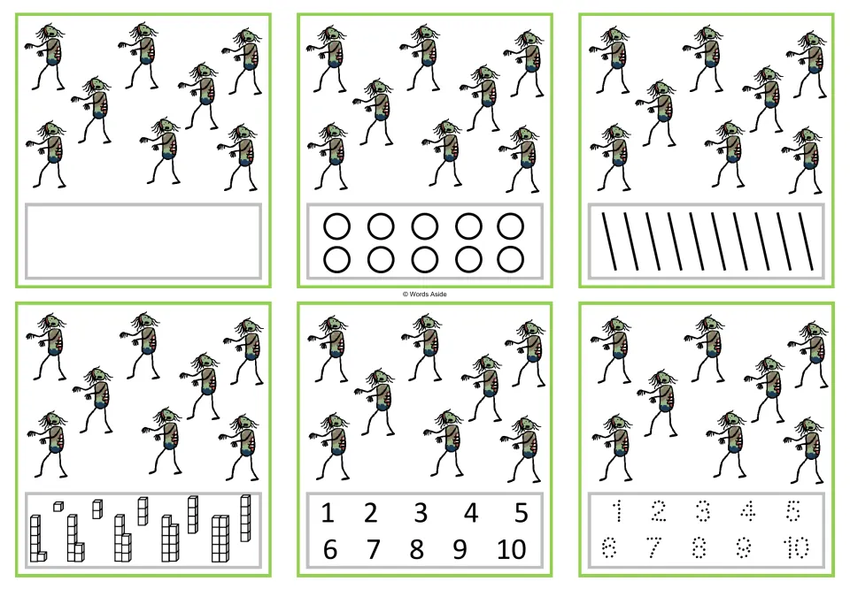 Number 8 task cards: six cards showing eight zombies, with counting, numeral selection, and tracing options.