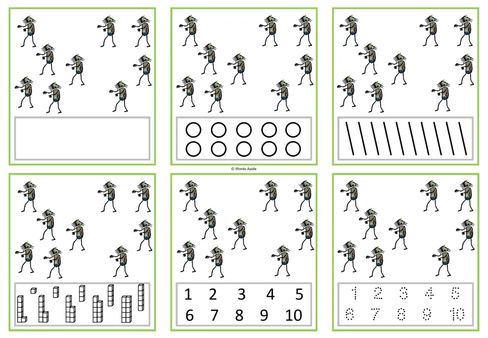 Number 9 task cards: six cards showing nine zombies, with counting, numeral selection, and tracing options.