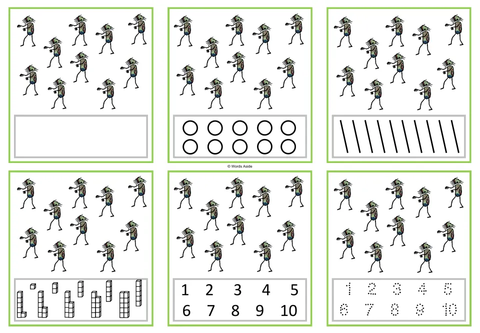 Number 10 task cards: six cards showing ten zombies, with counting, numeral selection, and tracing options.