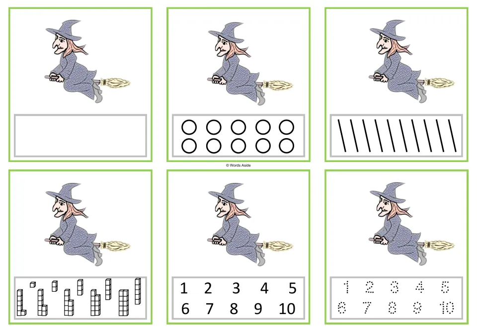 Six counting cards showing one witch each, with blank, circle, stroke, cube, numeral and tracing responses