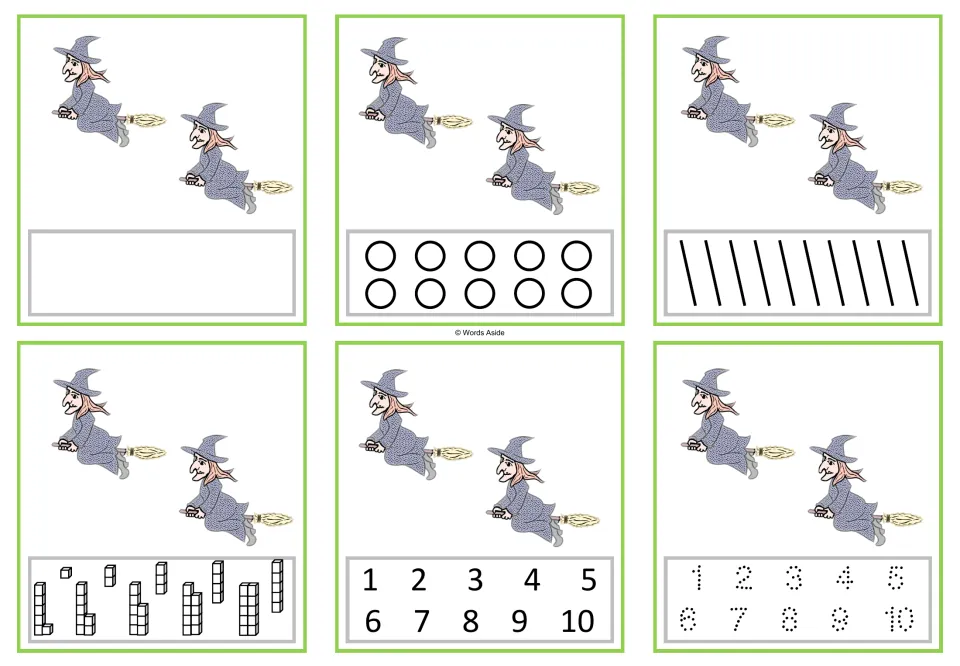 Six counting cards showing two witches each, with blank, circle, stroke, cube, numeral and tracing responses