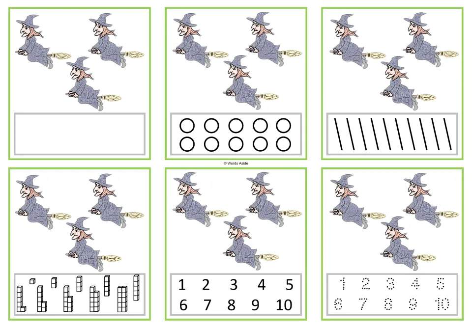 Six counting cards showing three witches each, with blank, circle, stroke, cube, numeral and tracing responses