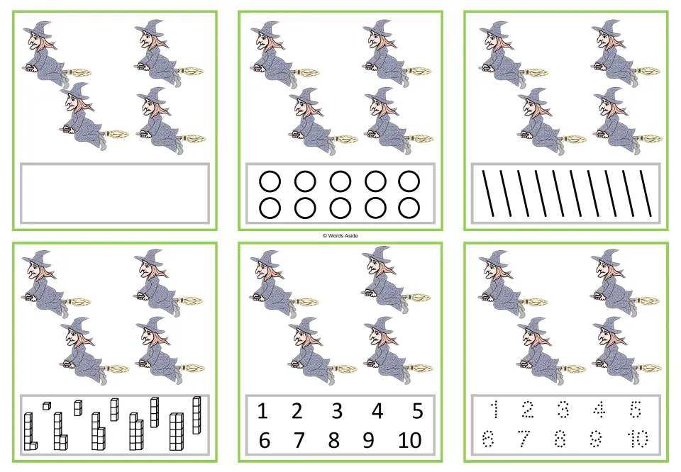 Six counting cards showing four witches each, with blank, circle, stroke, cube, numeral and tracing responses