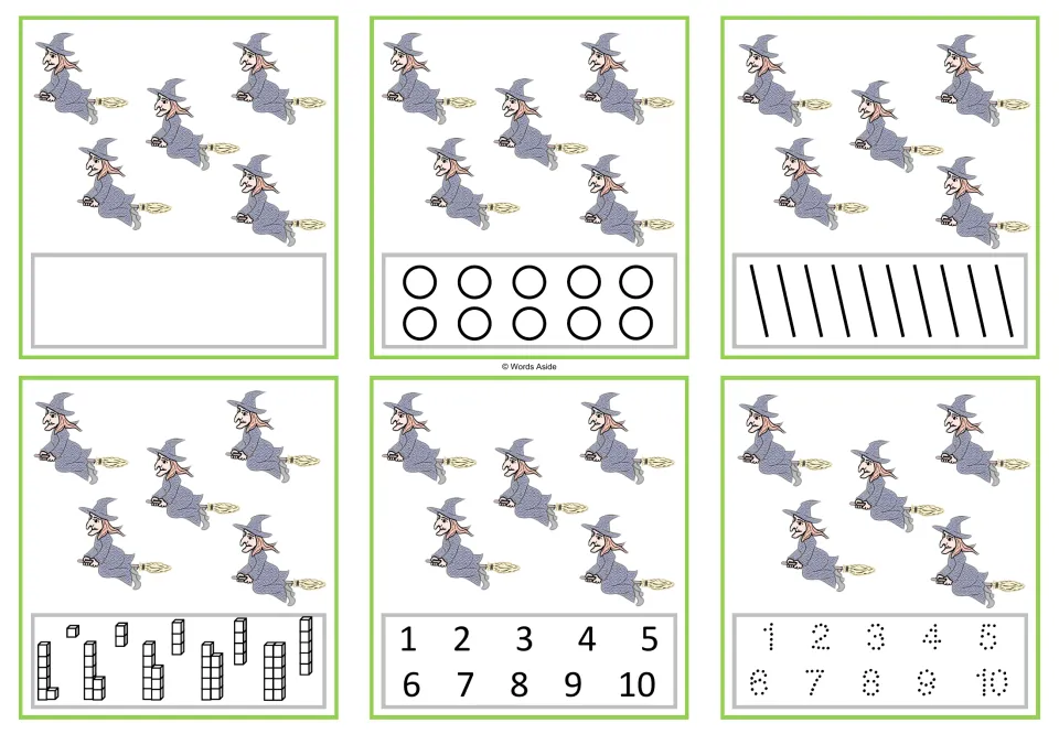 Six counting cards showing five witches each, with blank, circle, stroke, cube, numeral and tracing responses