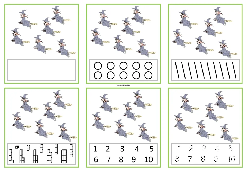 Six counting cards showing six witches each, with blank, circle, stroke, cube, numeral and tracing responses