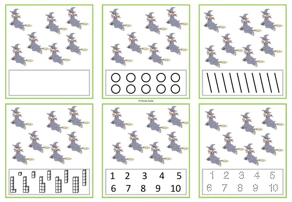 Six counting cards showing seven witches each, with blank, circle, stroke, cube, numeral and tracing responses