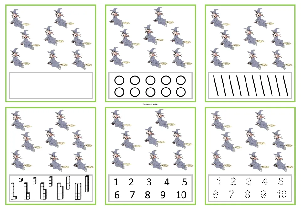 Six counting cards showing eight witches each, with blank, circle, stroke, cube, numeral and tracing responses