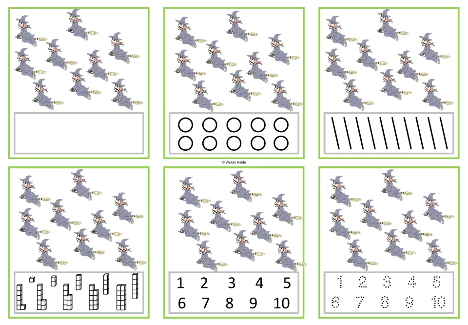 Six counting cards showing nine witches each, with blank, circle, stroke, cube, numeral and tracing responses