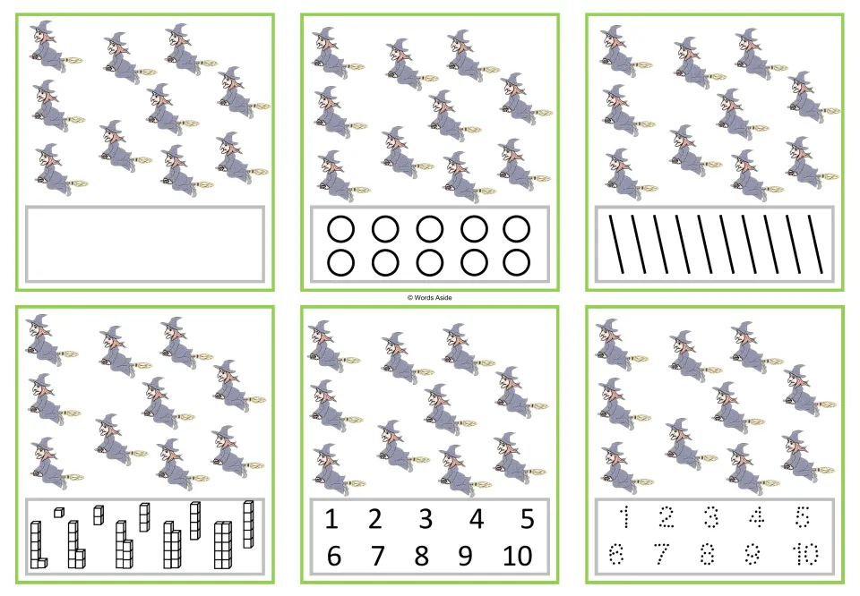 Six counting cards showing ten witches each, with blank, circle, stroke, cube, numeral and tracing responses