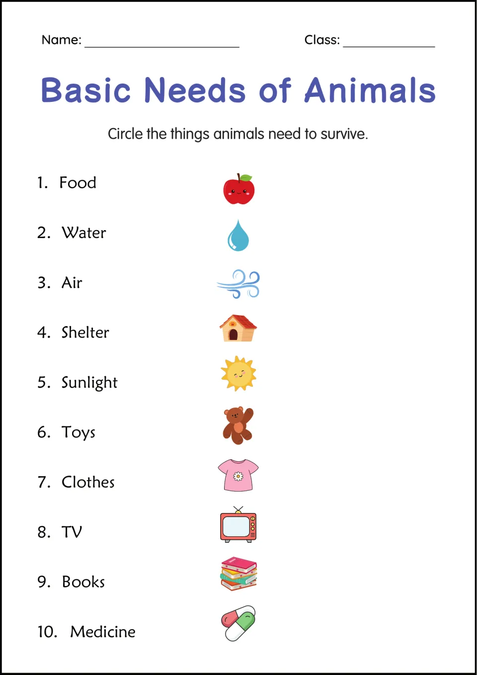 Animal needs sort: students circle what animals need to survive from 10 pictured items, from food and water to toys and TV